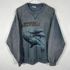 VTG 90s Spirit Lake Crewneck Sweatshirt Large Blue Bottlenose Dolphins Nature